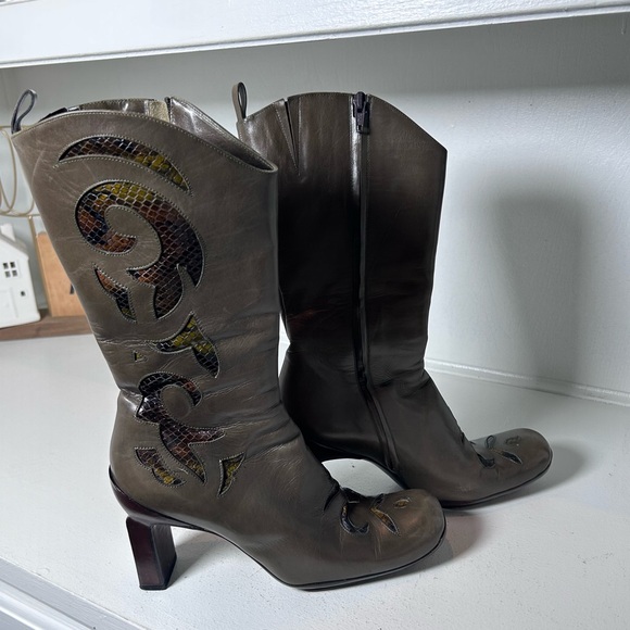 Vintage Graye Leather Western Boots 6.5/7 Y2K Heeled Cowboy Boots Cutout Detail - Picture 2 of 8